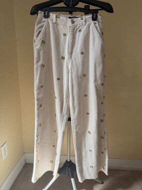 Forever 21 White Corduroy Straight Leg Pants with Green Floral Embroidery